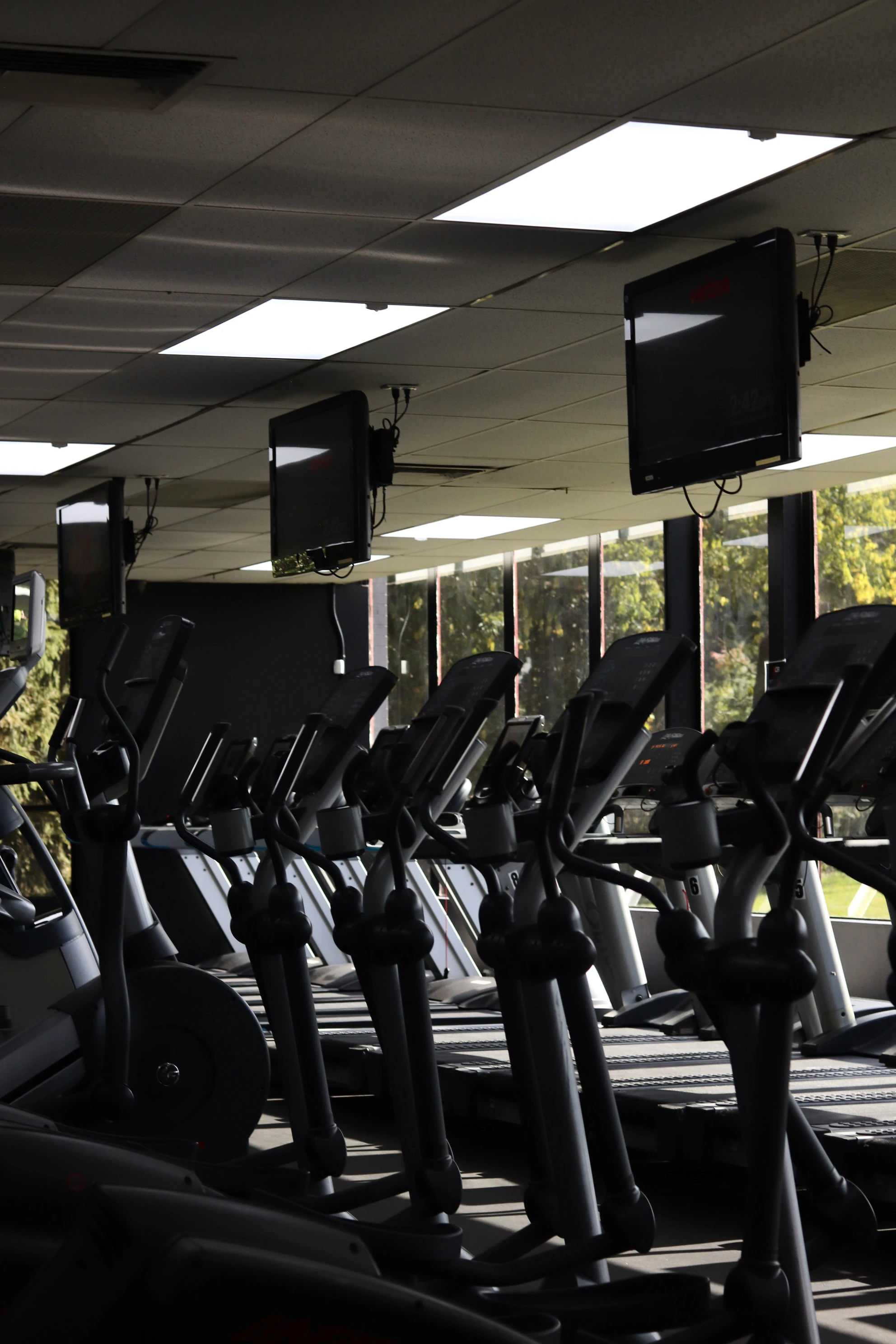 Ellipticals with TVs overhead along the windows at XCEL Sports & Fitness in Fairfield, NJ