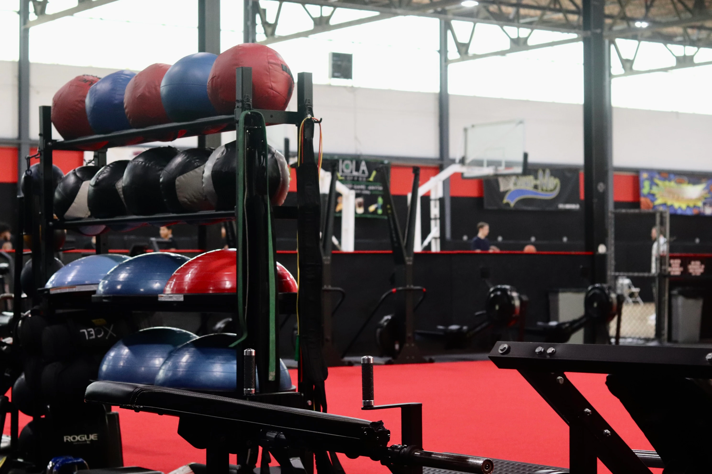 Medicine balls and BOSU balls on racks beside the red turf at XCEL Sports & Fitness in Fairfield, NJ
